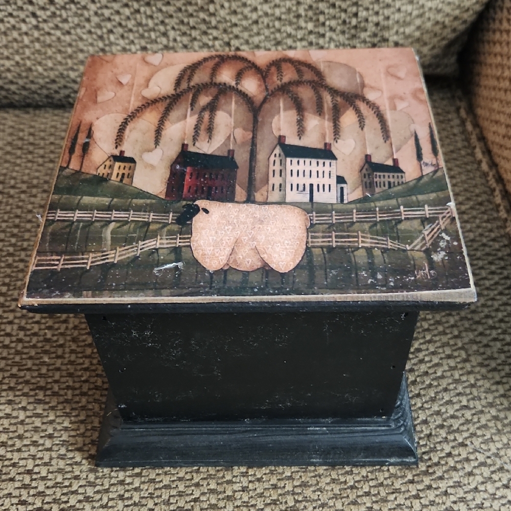 Black Wooden Box with Farmhouse Scene